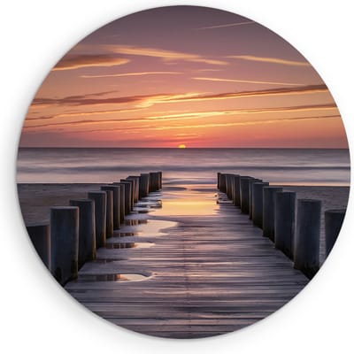 Saammp Muurcirkel Hout - Steiger naar de zee met zonsondergang - Landschap - Natuur - Ø 90 - Wandcirkel - Wanddecoratie Cirkel - Muurdecoratie Woonkamer - Slaapkamer decoratie - Rond Schilderij