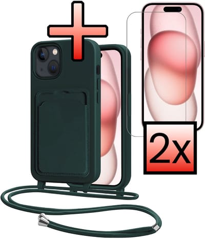 Hoes Geschikt voor iPhone 15 Plus Hoesje Pasjeshouder Cover Met Koord Case Siliconen Hoes Met Telefoonkoord en Kaarthouder Met 2x Screenprotector - Donkergroen