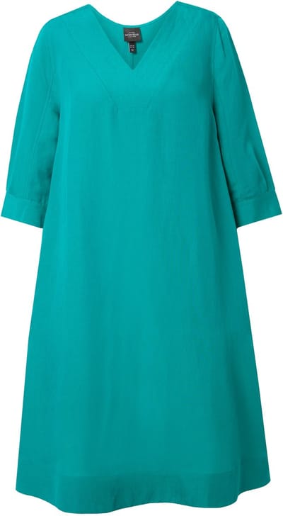 Ulla Popken - Dames - Midi-jurk van een linnenmix A-lijn V-hals 3/4-mouwen - Groen blauw - Maat 46+