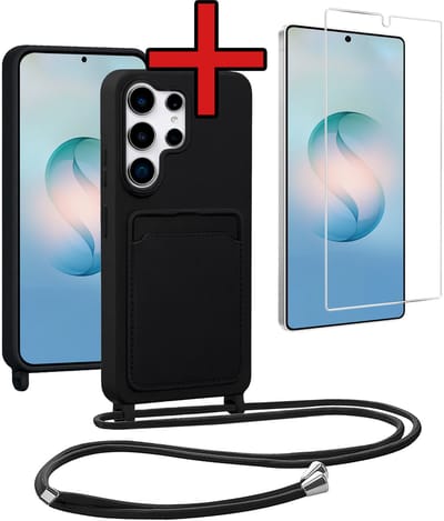 Hoesje Geschikt voor Samsung S26 Ultra Hoesje Siliconen Case Met Koord Met Screenprotector - Hoes Geschikt voor Samsung Galaxy S26 Ultra Hoesje Backcover Met Telefoonkoord - Zwart