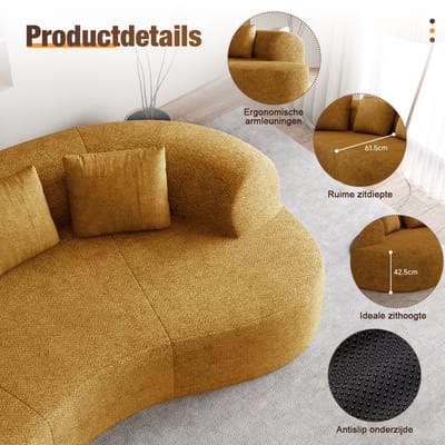 Lexzurn Zitbank 168 X 90 X 67 Cm - Extra Diepe Zitting Met Dikke Kussens - Voor Compacte Woonkamer - Ergonomisch ontwerp - Chenille - Mosterdgeel