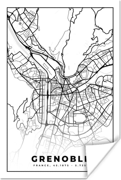 Poster Stadskaart - Plattegrond - Grenoble - Kaart - Frankrijk - Zwart wit - 120x180 cm XXL