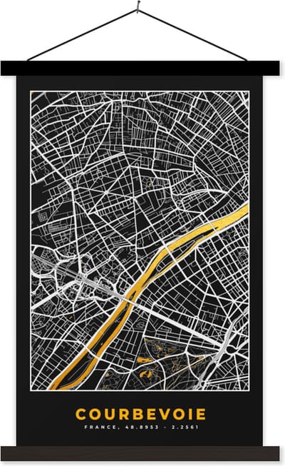 Posterhanger incl. Poster 40x60 cm - Schoolplaat - Plattegrond – Kaart – Stadskaart – Frankrijk – Courbevoie - Textielposter - Zwarte latten - Stadskaart