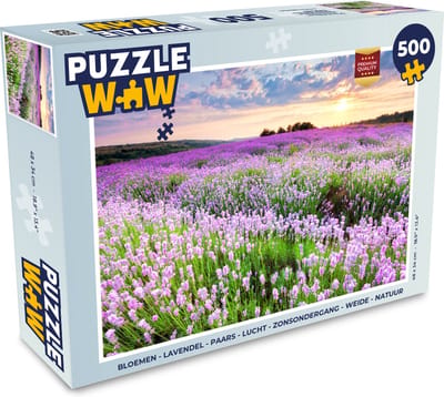 Puzzel Bloemen - Lavendel - Paars - Lucht - Zonsondergang - Weide - Natuur - Legpuzzel - Puzzel 500 stukjes