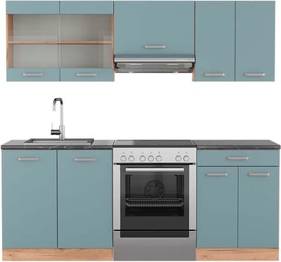 Vicco R-Line Complete keukeneenheid – 200 cm, WB Antraciet Blauw-grijs/gouden eik
