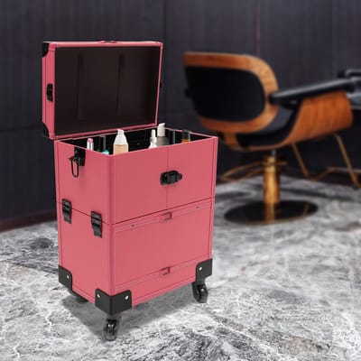 Cosmeticatrolley met 4 Wielen, Handvat en Spiegel - Roze Make-uptas