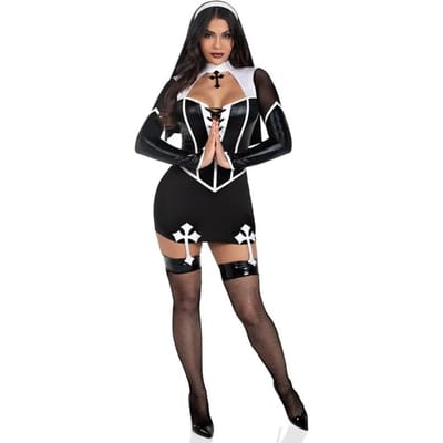 Costume de Nonne Sexy pour Femme Halloween Cuir PU Noir Creux Tenue Cosplay de Nonne Hauts Avec Jupes Fête de Carnaval Déguisement One Size black