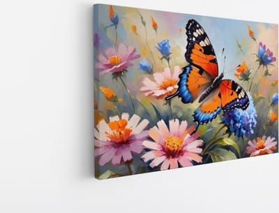 Saammp Canvas Schilderij -Vlinder bij roze bloem - Dieren - Abstract - 30x20 - Foto op canvas - Wanddecoratie - muurdecoratie Woonkamer - Slaapkamer decoratie - Canvas Print