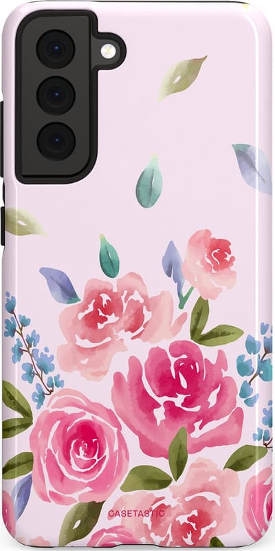 Casetastic hoesje geschikt voor Samsung Galaxy S21 FE 5G - Dubbellaagse bescherming - Aquarel Bloesem - Fashion Case - Lichtroze Lila Saliegroen