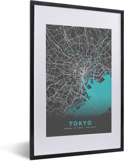 Fotolijst incl. Poster - Tokyo - Stadskaart - Blauw - Plattegrond - Kaart - 40x60 cm - Posterlijst
