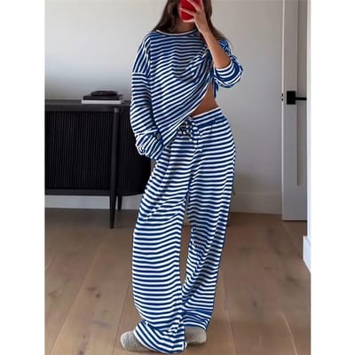 Vêtements Européens et Américains Printemps Rayé Décontracté Costume Manches Longues Hauts Pantalon Taille Haute Ensemble Deux Pièces XXL bleu