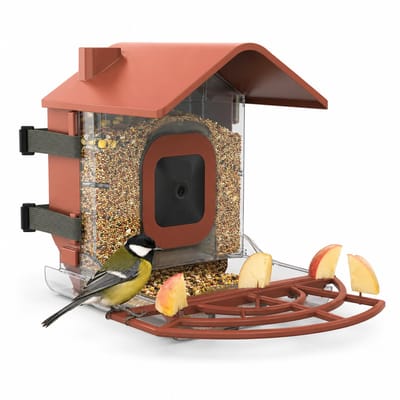 Gloovon® vogelvoederhuis met camerahouder - 730 g reservoir - voor Blink Outdoor en Outdoor 4 - boom- en wandmontage - bruin