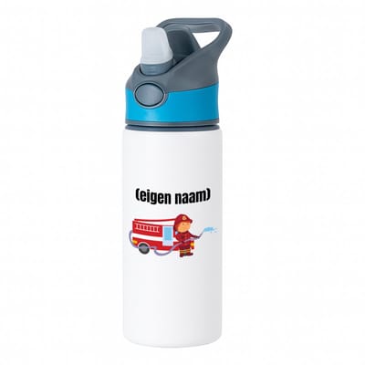 Hacebo® - Brandweerman met brandweerwagen waterfles met rietje blauw - Brandweer - iemand die werkt bij de brandweer - met eigen naam - leuk cadeau voor iemand die bij de brandweer werkt - cadeau - kado - water fles - 650ML