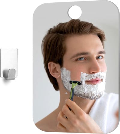 Fogless Douchespiegel voor Scheren - Anti-condens Spiegel voor Badkamer, Inclusief 1 Adhesive Haak, 17cm x 13cm, Ideaal voor Scheerbeurten en Douchegebruik