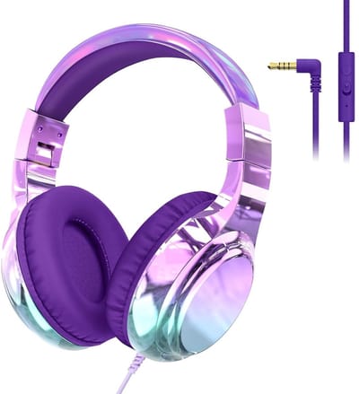 StayPowered Kinderkoptelefoon - Veilig & Comfortabel Luisteren - Volumebegrenzing 85/94 dB - Verstelbaar & Opvouwbaar - Zachte Over-Ear Kussens - Ingebouwde Microfoon - 3.5 mm Aansluiting - Paars/Blauw - Levering Sneller dan Aangegeven!