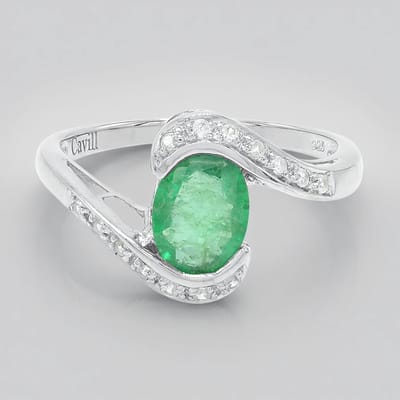 Cavill - Zilveren ring met Bahia smaragd 0,86 ct ovaal & 14 briljant zirkonen 0,18 ct - 925 Sterling zilver geplatineerd - Elegante damesring maat 17