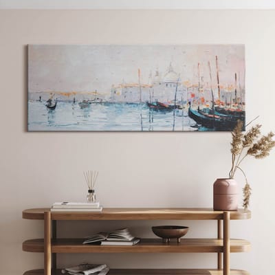 Wallfluent Foto Op Canvas Olieverfschilderij van gondels in Venetië - 125 x 50 cm - Blauw Schilderij Op Canvas - Landschappen Foto Canvas - Natuur Print Op Doek - Kunst Schilderij Canvas