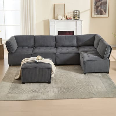 MODFU Modulaire 6-Zitsbank - Ergonomisch En Vrij Indeelbaar - Voor Woonkamer - Ribstof - Grijs - 308 X 154 X 81,99 Cm