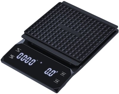 Digitale koffieweegschaal met timer, 0,1 g/3 kg, hoge precisie, keukenweegschaal, waterdicht, elektronisch voedselweeg, espressoweegschaal, groot LED-display, aanraakknop, gemakkelijk schoon te maken