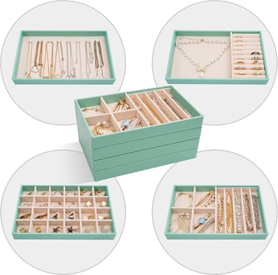 Candala - Sieradenlade Organizer 4 Set Sieraden Lade Organizer Fluwelen Stapelbare Sieraden Opberglade voor Kaptafel Garderobe Lade Sieraden Display voor Oorbel Ketting Ring Armband -Mint
