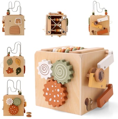 Montessori Motor Skills Cube - 5 in 1 Houten Activiteitenkubus - Houten Montessori Speelgoed - Vroege Educatieve Ontwikkelingsleer Speelgoed voor Kinderen