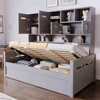 Pugsdrly Houten slaapbank 90 x 200 cm, multifunctionele opbergruimte, hydraulisch bed, eenpersoonsbed, bed voor tieners, lattenbodem, grijs (matras niet inbegrepen)