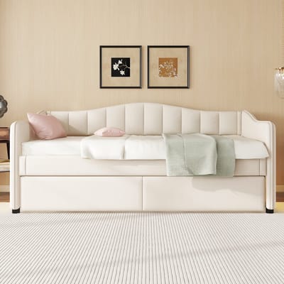 Slaapbank 90x200 cm - met uitschuifbed - eenpersoonsbed - met LED-verlichting - beige - zonder matras