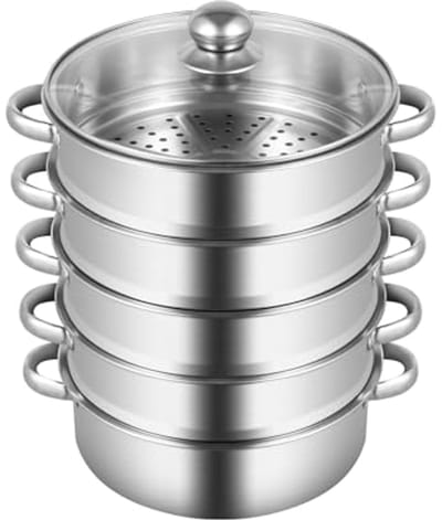 Roestvrijstalen stoomkoker met glazen deksel - 4 kookcontainers, 26cm