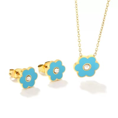 WeLoveSilver - ketting en oorstekers set - chirurgisch staal - blauw bloemetje