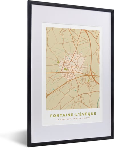 Fotolijst incl. Poster - Plattegrond - Kaart - Vintage - Fontaine-L'Évêque - Stadskaart - 40x60 cm - Posterlijst