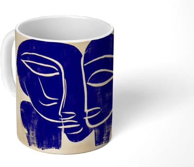 Mok - Koffiemok - Okergeel - Blauw - Eenvoudige lijnen - Mokken - 350 ML - Beker - Koffiemokken - Theemok