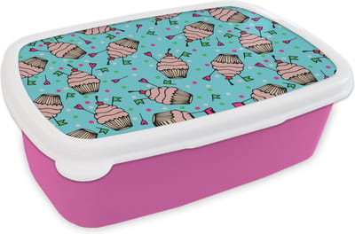 Broodtrommel Roze - Lunchbox - Brooddoos - Cupcake - Stippen - Feest - Patronen - 18x12x6 cm - Kinderen - Meisje