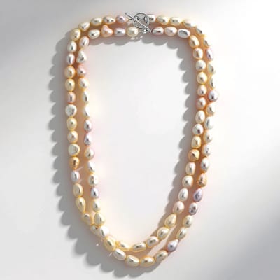 Cavill - 925 Sterling Zilver Halsketting - Roze Zoetwaterparel 45 7cm - Meerrijig Parelketting - Fancy Slijpvorm - Elegant Dames Sieraad