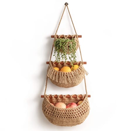Hangende fruitmand - Hangorganizer - Hangende Opberger - 3-laags deurorganizer - Geweven jute wandmand - Opbergtassen - Over De Deur Hangende Wandorganizer - Voor Ingang, Garderobe, Kast, Badkamer, Deur
