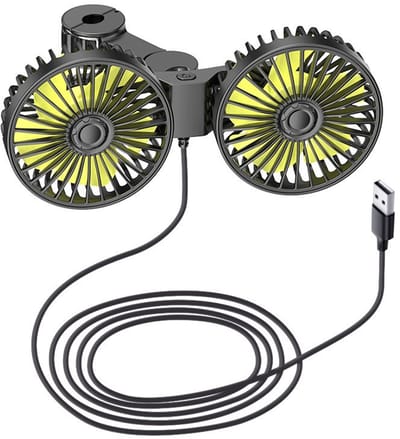 Autoventilator - Dubbele ventilator voor hoofdsteun achterin - 360° draaibare dubbele koppen - Multifunctionele, verstelbare ventilator met drie snelheden - USB-voeding - Zwart