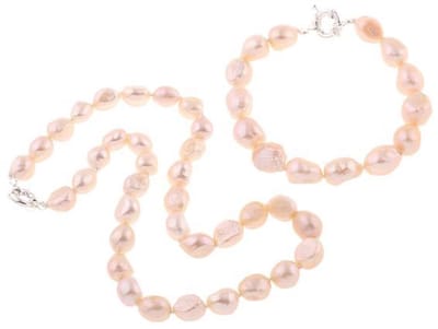 Zoetwaterparel set Zola Two - parelketting + parel armband - zalm - oranje - zilver - handgeknoopt - sieraden zakje