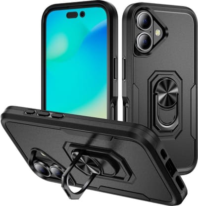 Lunso Geschikt voor iPhone 16 Plus hoesje - Armor backcover met ringhouder - Zwart