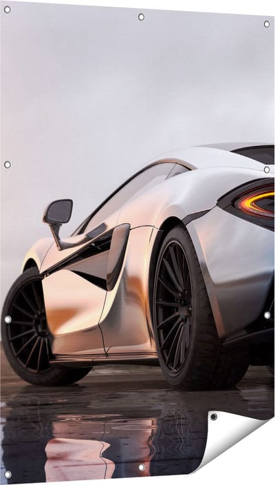 Gards Tuinposter Zilveren Sportwagen Auto bij Zonsondergang - 80x120 cm - Tuindoek - Tuindecoratie - Wanddecoratie buiten - Tuinschilderij