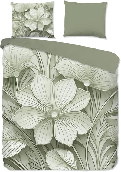 Good Morning dekbedovertrek bloemen - 2 persoons 200x200/220 cm - Groen - 100% Katoen renforce