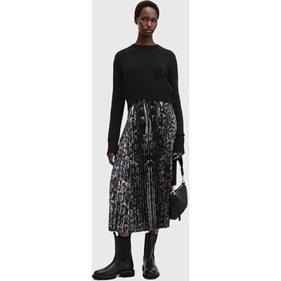 AllSaints Jinx Pleated Dress Jinx Taupe Brown Maat: M | Midi Jurken Outlet | Dames | Zwart