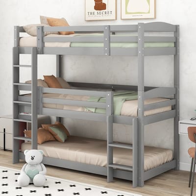 DESMIU Driepersoons Stapelbed 90x200cm – Stapelbed Van Grenenhout Met Twee Ladders En Hoge Bescherming – Voor Kinderen En Gezinnen – Grijs – Zonder Matras