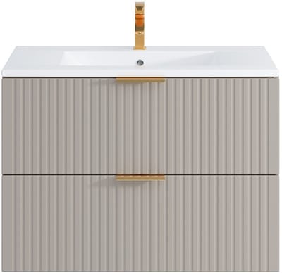 Vente-unique Geribbeld hangmeubel voor badkamer met inbouwwastafel - Beige - 80 cm - ZEVARA