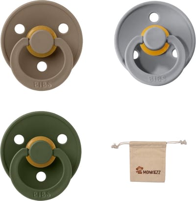 Bibs fopspeen - maat 1 0-6 maanden - 3 stuks – Dark Oak – Hunter Green – Cloud + Monkiezz speenzakje
