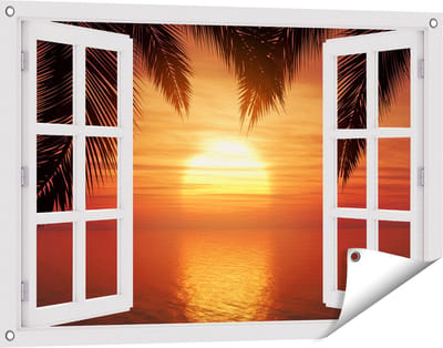 Gards Tuinposter Doorkijk Zonsondergang op het Strand met Palmbomen - 90x60 cm - Tuindoek - Tuindecoratie - Wanddecoratie buiten - Tuinschilderij