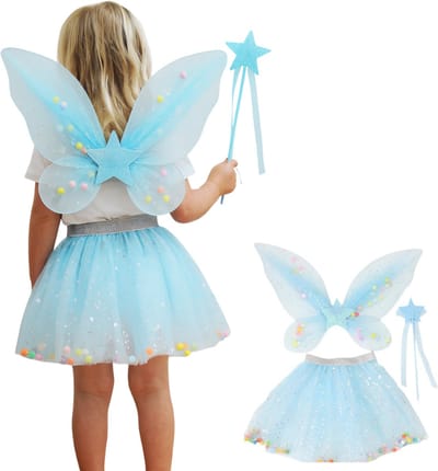 Joya Kids® Tuin Vlinder Fee Verkleedset voor Meisjes | Fëen Tutu verkleedkleding | Prinsessencape | Cape Set | Unicorn | Meisje Verkleedset | Carnvalskleding Halloween Meisjes | Met Haarband, Staf, Vleugels en Tutu | Licht Blauw