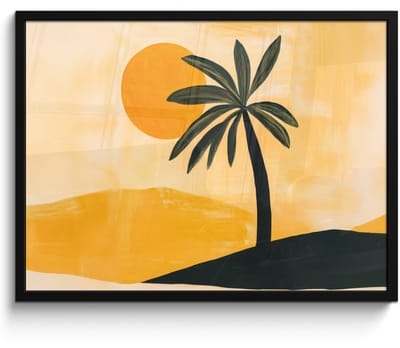 Poster in lijst - Fotolijst 70x50 cm - Posters - Illustratie - Palmboom - Zon - Heuvels - Posterlijst zwart - Decoratie - Wanddecoratie woonkamer - Muurdecoratie slaapkamer