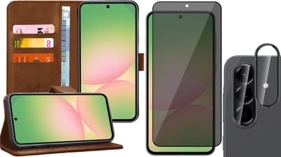 Hoesje geschikt voor Samsung Galaxy A56 / A36 - Privacy Screenprotector Volledig Dekkend Glas & Camera - Portemonnee Book Case Bruin