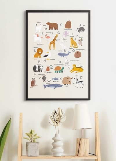 Poster In Houten Lijst - Dierenalfabet - Wanddecoratie Alfabet - Dieren Kinderkamer Unisex - Educatief - 70x50 cm