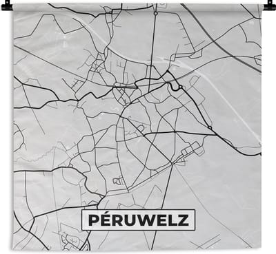 Wandkleed - Wanddoek - Stadskaart – Zwart Wit - Kaart – Péruwelz – België – Plattegrond - 180x180 cm - Wandtapijt