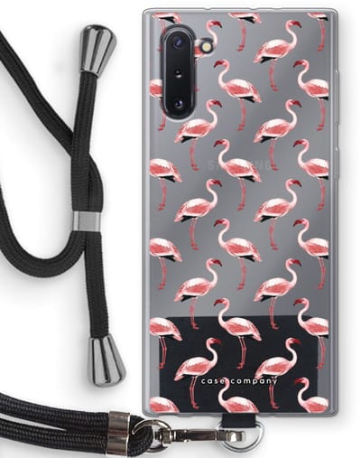 Case Company® - Hoesje met koord geschikt voor Samsung Galaxy Note 10 hoesje met Koord - Flamingo - Telefoonhoesje met Zwart Koord - Bescherming aan alle Kanten en Over de Schermrand